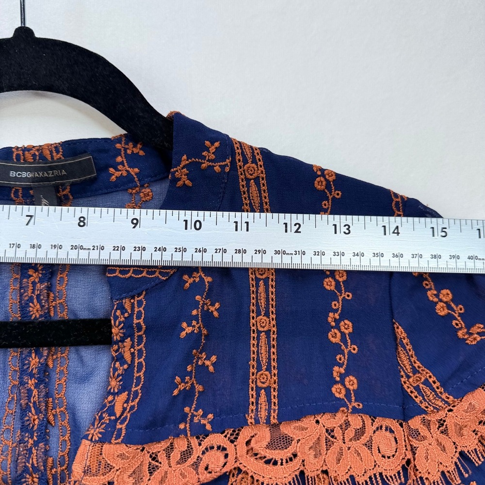 BCBGMAXAZRIA Navy Blue Orange Embroidered Lace Trim Maxi Dress Long Sleeve XXS - Picture 10 of 16